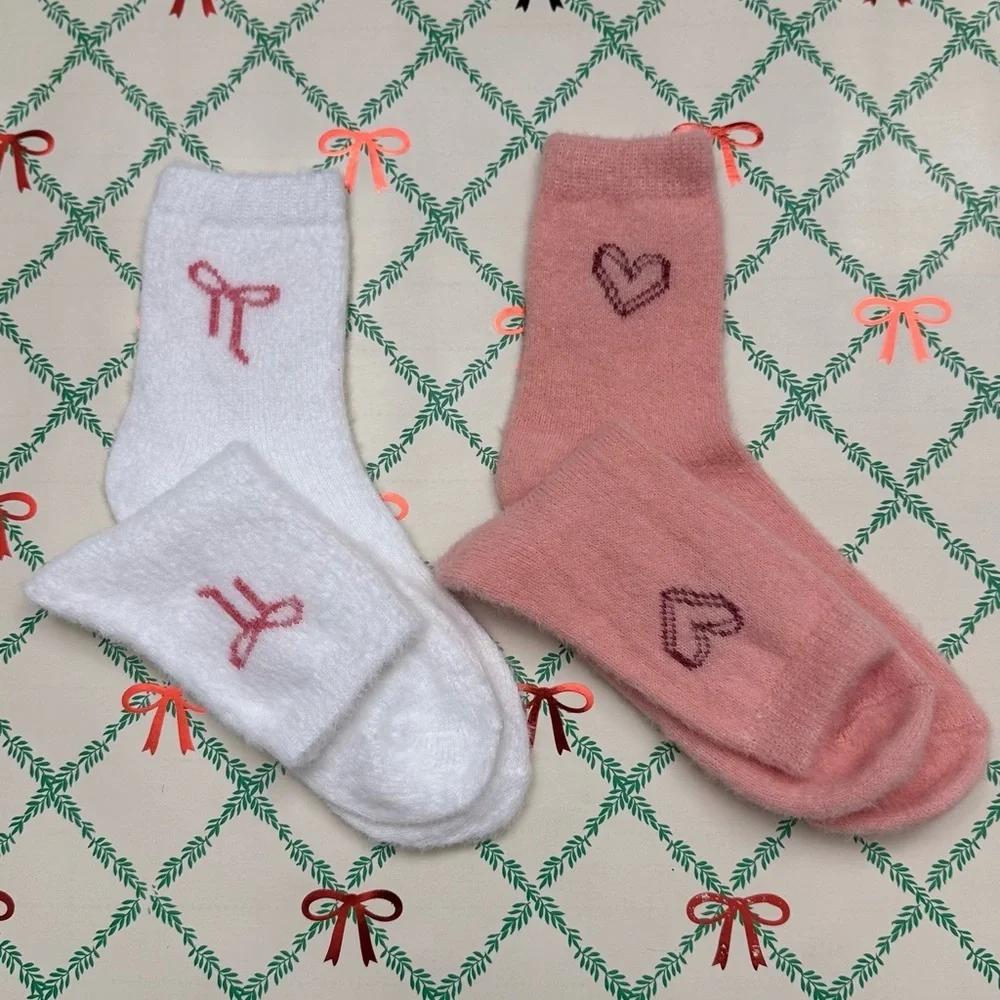 Cute Pink and White Socks with Heart and Bow Designs